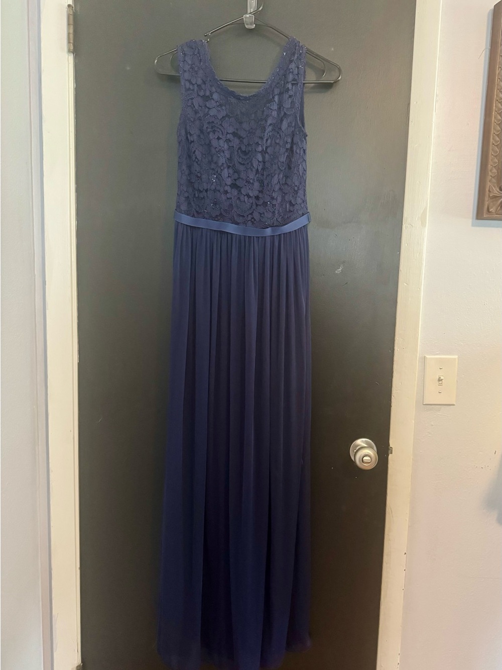David's Bridal Navy Lace Bodice Chiffon Maxi Dress